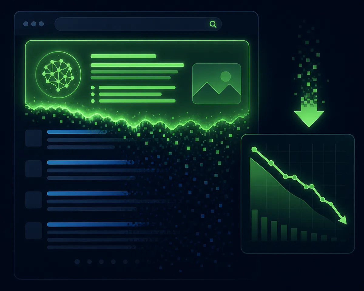 Resultados de Google siendo cubiertos por un panel de AI Overview con gráfica de tráfico descendente